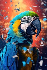 Poster - A vibrant blue and yellow parrot with colorful confetti in the background. Perfect for celebrations and parties