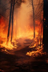 Poster - A raging fire in the middle of a forest. This image can be used to depict the destructive power of wildfires and the need for fire prevention measures