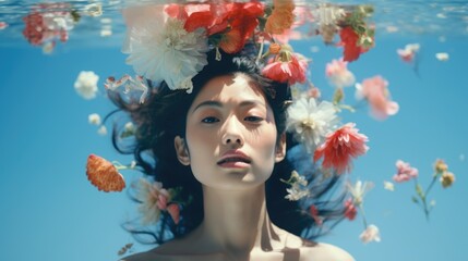 Poster - A serene image of a woman with flowers floating in the water. Perfect for use in nature-themed designs or as a symbol of tranquility.