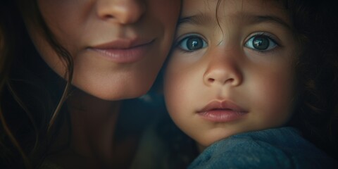 Poster - A close up image of a woman and a child. This picture can be used to depict the bond between a mother and child or to illustrate the concept of family