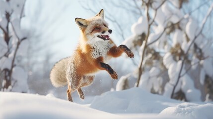 Poster - A fox captured in mid-air as it jumps in the snowy landscape. Perfect for winter-themed designs and nature illustrations