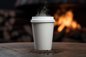 Sticker - A cup of coffee sitting on top of a wooden table. Perfect for coffee shop promotions or cozy home vibes