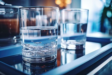 Poster - A glass of water sitting on top of a table. Suitable for use in various concepts and themes