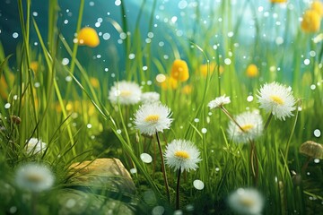 Poster - A bunch of flowers lying in the grass. Suitable for nature-themed projects and outdoor concepts