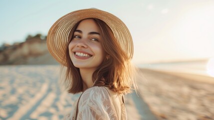 Wall Mural - A young woman with a radiant smile wearing a straw hat and a light-colored top standing on a sandy beach with the ocean in the background basking in the warm glow of a sunny day.