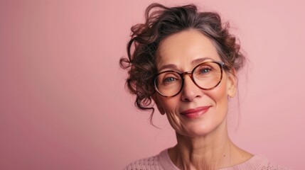 Sticker - Woman with curly hair wearing glasses smiling against pink background.