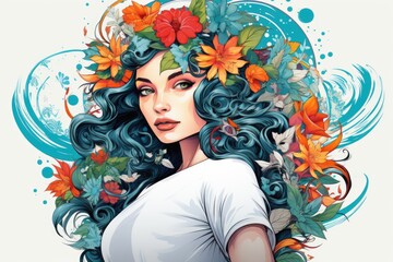 Poster - A woman with vibrant blue hair adorned with delicate flowers. This image can be used to showcase individuality, creativity, and beauty
