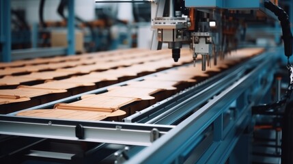 Poster - A conveyor belt with wooden trays, perfect for transporting items in an organized manner. Versatile and practical, this image can be used in various industries and settings