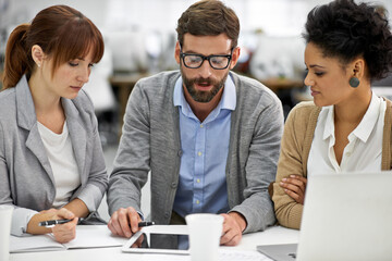 Aufkleber - Businessman, tablet and meeting with team in research, planning or brainstorming at office. Business people, group or employees with technology or notebook in project plan or development at workplace