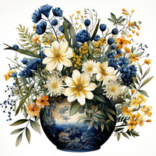 Watercolor Vase Of Wild Flowers Clipart, Generative Ai