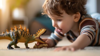 Wall Mural - A young child with curly hair wearing a striped shirt playfully interacting with a toy dinosaur on a carpeted floor.