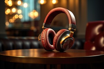 Aufkleber - Headphones sitting on top of a wooden table. Perfect for music lovers or audio equipment enthusiasts