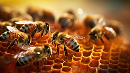 Poster - A group of bees gathered on a honeycomb. Perfect for illustrating the busy and productive nature of bees and their role in honey production.