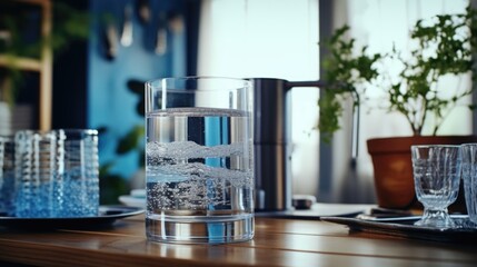 Poster - A glass of water sitting on top of a wooden table. Suitable for various uses