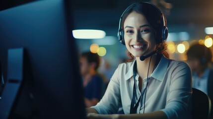 Poster - A woman sitting in front of a computer wearing a headset. This image can be used to represent customer service, remote work, or technology support