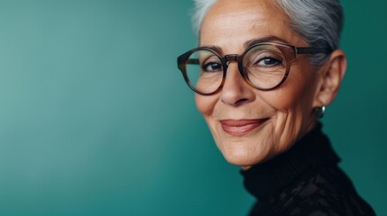 Sticker - A confident smiling elderly woman with short gray hair wearing glasses and a black tu rtleneck set against a teal background.