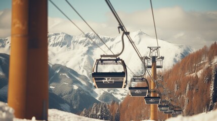 Poster - A ski lift ascending the side of a mountain. Suitable for winter sports or outdoor adventure concepts