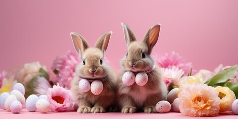 Aufkleber - Two bunnies sitting next to each other on a pink surface. This cute and adorable image can be used for various purposes