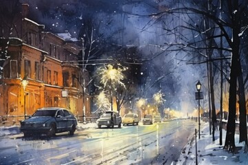 Poster - A vibrant painting capturing the beauty of a city street at night. Perfect for adding a touch of urban sophistication to any space