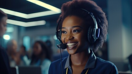 Canvas Print - A woman wearing a headset, working in a call center. Suitable for illustrating customer service and communication concepts