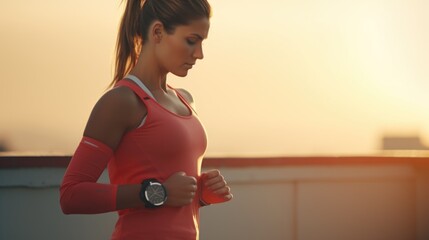Poster - A woman wearing a pink top is captured in motion as she runs. Ideal for fitness, active lifestyle, or sports-related concepts