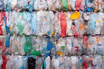 Poster - A person standing in front of a wall made of plastic bottles. This image can be used to raise awareness about plastic pollution and recycling