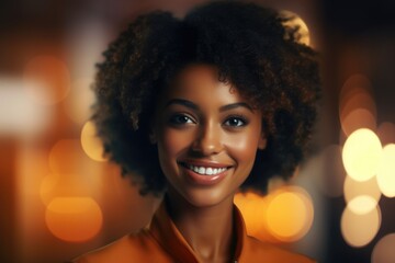 Aufkleber - A woman with an afro hairstyle smiling at the camera. Suitable for various uses