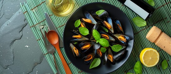 Wall Mural - A plate of mussels with basil and lemon served on a table alongside a bottle of wine. A delicious seafood recipe with fresh ingredients.