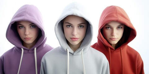 Aufkleber - Three young women wearing hoodies pose for a picture. This versatile image can be used for various purposes