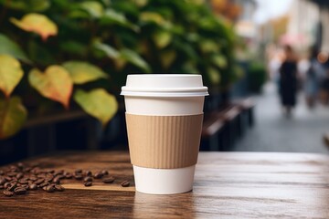 Poster - A simple yet inviting image of a coffee cup placed on a wooden table. Perfect for illustrating coffee breaks, morning routines, or cozy cafe atmospheres