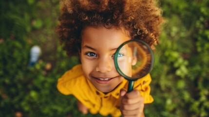 Wall Mural - Young child with curly hair wearing a yellow top holding a magnifying glass looking at the camera with a smile surrounded by green foliage.