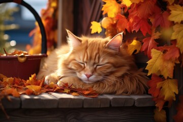 Aufkleber - An orange cat peacefully sleeping on a ledge surrounded by beautiful fall leaves. Perfect for autumn-themed designs and cozy home decor