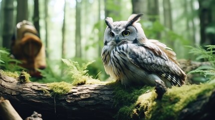 Poster - An owl perched on a tree branch in a serene forest setting. Perfect for nature-themed designs and wildlife illustrations