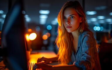 Woman Sitting in Front of Computer at Night