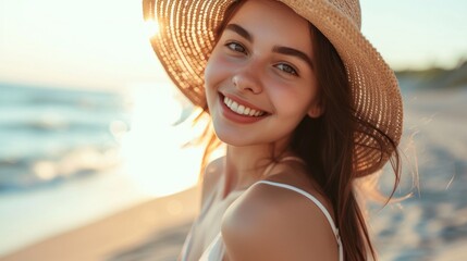 Wall Mural - Young woman with a radiant smile wearing a straw hat standing on a sandy beach with the ocean in the background during a beautiful sunset.