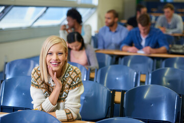 Poster - Portrait, students and woman with education, studying and university with learning and knowledge. College, people or girl writing or relax with academy with smile or scholarship in a classroom or joy