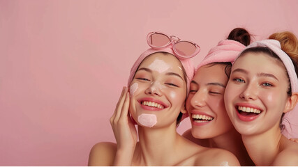 Woman models for beauty or cosmetic product photoshoot, happily laughing