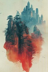 A painted abstraction of a city and mountains on a white background. Illustration