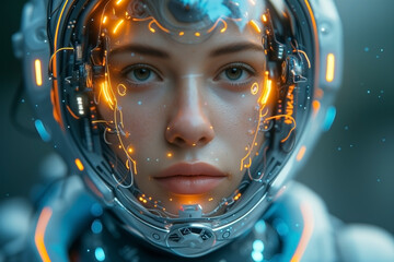 Portrait of a female cyborg in helmet