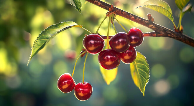 Ripe juicy sour cherries harvest on branches of the cherry tree. Sweet cherry background. Cherry orchard close-up 