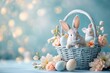 Happy Easter Eggs Basket egg art. Bunny in flower easter Ruby Red decoration Garden. Cute hare 3d nectar easter rabbit spring illustration. Holy week Bouquet of flower card wallpaper merry