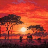 Fototapeta Sawanna - Serengeti Sunset with Elephants