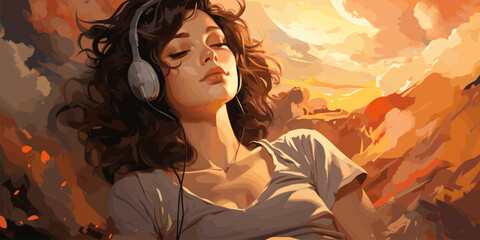 Wall Mural - Lofi girl laying on the bed. Smooth atmosphere, hip hop. Soft colors, soft lights vector flat bright colors