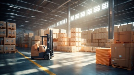 Logistics distribution center, Forklift in retail warehouse filled with shelves with products in cardboard boxes.