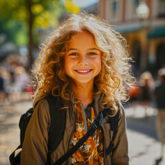 Wall Mural - Cheerful school girl with backpack and jacket posing against autumn park in sunny day. Happy caucasian girl in the park. Outdoor fall portrait of a happy caucasian school-age girl with curly hair