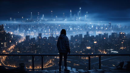 Wall Mural - cool impressive epic anime wallpaper artwork showing a person standing on a rooftop and looking down a modern neon lighted city