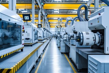 Poster - The modern factory is equipped with high-tech milling machines, enabling precise and automated manufacturing processes with robotic arms and advanced computer control.