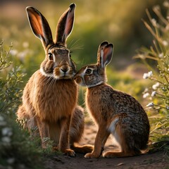 Wall Mural - Hare with cub in natural habitat