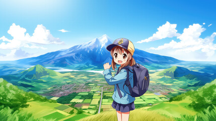 Wall Mural - cartoon cute anime girl standing on a hill pointing to the next road to the top of a mountain