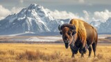 Fototapeta  - As the sun dips below the horizon, the bison's grazing silhouettes on the prairie embody the peaceful, wild spirit of the American West.